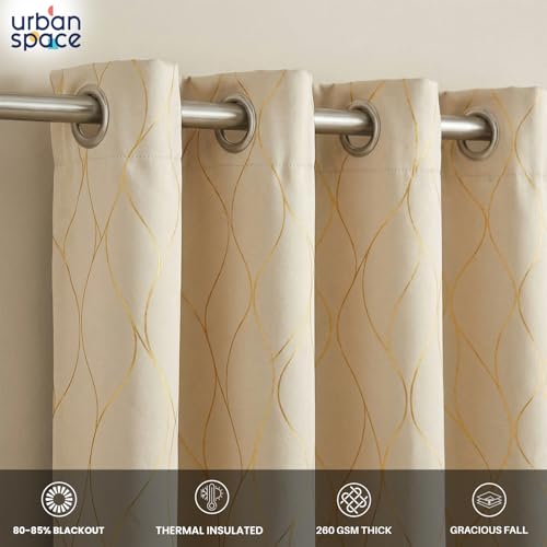 Image of Urban Space 80-85% True Blackout Curtains for Long Door, Gold Foil Printed Blackout Curtains, Blackout Decorative Door Curtain Eyelet with Tieback, 1 Piece Curtain for Living Room(Wave Beige, 8 Feet)