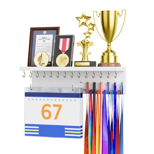 DSVENROLY Présentoir mural pour dossards et médailles en bois pour course à pied, gymnastique, sport, étagère de trophée, support mural, 29 crochets et 30 bavoirs de course (blanc)