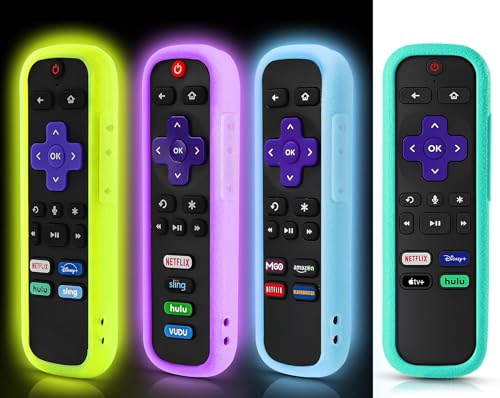 Image of 4 Pack Remote Cover for Roku, The Remote Case Compatible with Roku Voice Remote Official, Silicone Universal Protective Controller Sleeve for Roku TV Remote Glow in the Dark Yellow Purple Blue