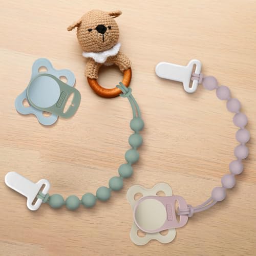 Image of Pacifier Clips Silicone, 4-Pack Pacifier Holder Clip with Stylish Round Design and Adapter Ring for MAM Dummy, 100% Food Grade Silicone, Safe Essentials for Newborns Baby Boys and Girls