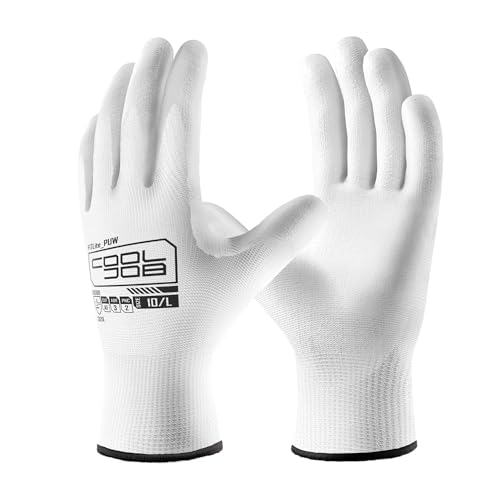 Image of COOLJOB Polyurethane (PU) Coated Safety Work Gloves, 12 Pairs Working Gloves with Grip, One Dozen Bulk Pack, White, Small Size (12 Pairs S)