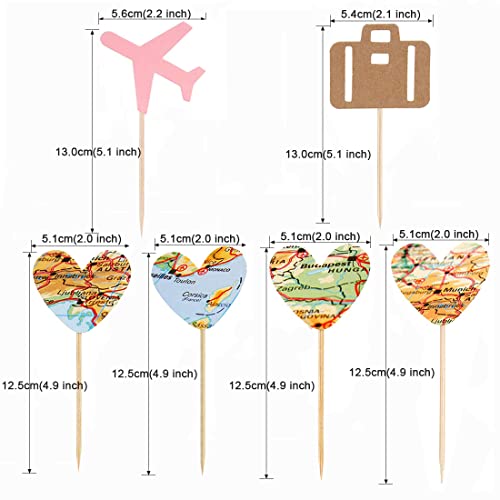 Morndew 24 Pcs Travel Cupcake Toppers Pink Airplane Map Heart Traveling Case Cake Topper Picks For World Awaits Travel Themed Party Birthday Party Baby Shower Wedding Party Decorations #TOP1