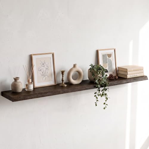 Image of Live Edge Elm Floating Shelves - 55 In Rustic Solid Wood Shelves with Heavy-Duty Invisible Bracket, Wall-Mounted Wooden Shelf for Living Room, Bathroom, Kitchen Storage & Display, Set of 1, Walnut