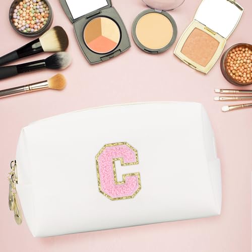 Initial Makeup Bag,Personalized preppy bag Waterproof PU Leather Chenille Letter Cosmetic Bag,Portable Travel Toiletry Bag Monogram Birthday Gift for Women Girls Mom Friends (Letter C)4