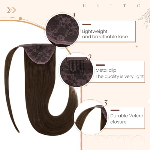 Hetto Hair Extension Ponytail Human Hair Brown 20 Inch Clip in Ponytail Hair Extensions Wrap Around Real Hair Ponytail Extension Straight for Quick Hairstyles 80g #4 - Image 2