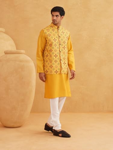 Image of SOJANYA (Since 1958 Men's Cotton Blend Kurta & White Churidar Pyjama with Nehrujacket