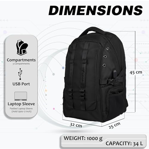 F Gear Pampero Black 34L Premium Laptop Backpack with USB Charging Port, Luggage Strap & Hidden Pocket | 2 Compartments & 1 Pocket | Durable, Stylish & Water-Resistant | Fits Upto 17 Inch Laptop
