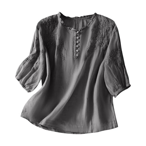 Generisch Blusa de lino bordada informal para mujer con mangas cortas, ajuste holgado para mayor comodidad diaria en primavera y verano, gris, XL