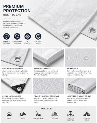 Image of Premsons Poly Tarp Cover Thick Waterproof, UV Resistant, Rip and Tear Proof Tarpaulin with Grommets & Reinforced Edges 21 x 12 feet (White)