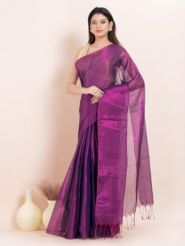 Image of Women's Tissue Cotton Saree | Plain Lightweight Tassel Pallu Saree with Blouse