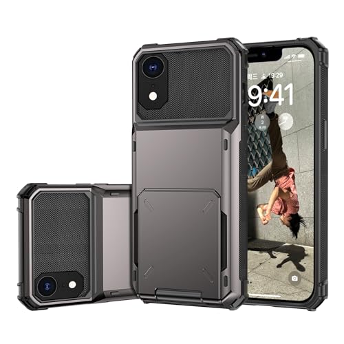 Draamvol for iPhone XR Phone Case with Card Holder Slots Armor Shockproof Flip Wallet Case Hard PU Back Soft TPU Inner Bumper Cover for iPhone XR Case Grey