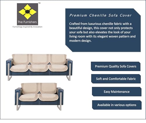 Image of Premium Chenille Woven Anti-Slip 3 Seater + 2 Seater Sofa Cover | L-Shape Sofa Seat Protector for Living Room | Durable & Stylish Slipcover - Beige-3D