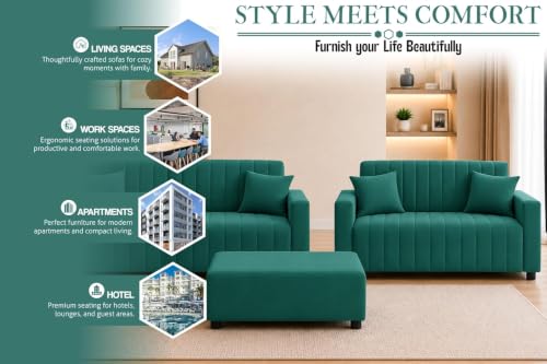 Image of Rosebell 3+2 Velet Fabric Sofa Set with Ottoman | 5-Seater Sofa | Living Room Furniture, Apartment & Office |Green-Color