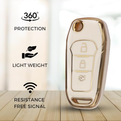 Image of KEYCEPT Gold Line TPU Key Cover Compatible for Ford Figo | Aspire | Endeavour | 3 Button Flip Key with Keychain. (Type 2, White)