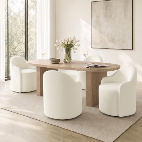 Image of KISLOT Upholstered Dining Chairs Set of 4 with Caster, Pre-Assembled, Ivory | Modern Dining Room Chairs with Wheels, Rolling Vanity Chair with Round Backrest for Kitchen, Bedroom, Dressing, Linen Fabric