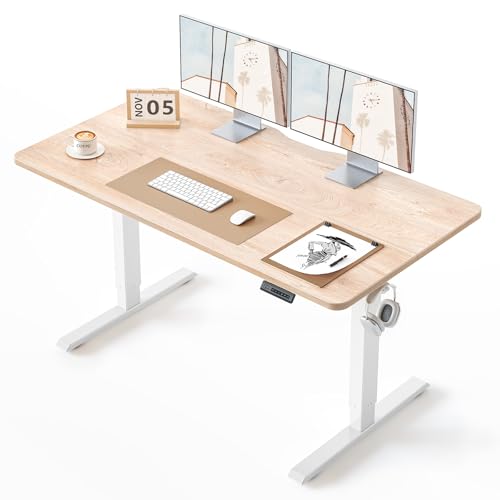 Image of BANTI 55 x 24 Inches Standing Desk, Ergonomic, Electric Height Adjustable, Sit and Stand Up, Computer Office Desk with Splice Board, White Frame /Maple Top