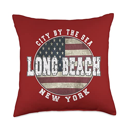 Long Beach New York, Vintage American flag Throw Pillow
