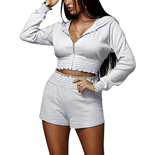 IyMoo 2 Piece Outfits for Women - Two Piece Outfits for Party Club Night Bodycon Tracksuits Long Sleeve Crop Tops High Waisted Short with Hoode White