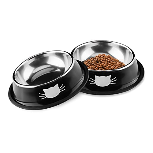 Edelstahl Katzennäpfe Set, Futternapf & Wasser Schüssel (2 Schwarz)