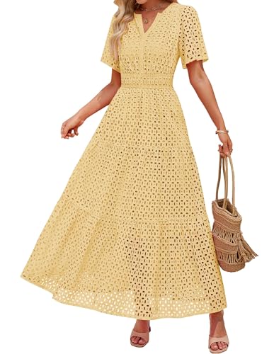 ZESICA Women's 2025 Summer Short Sleeve Maxi Dress Casual V Neck Hollow Out Eyelet Ruffle Swing A Line Long Dresses