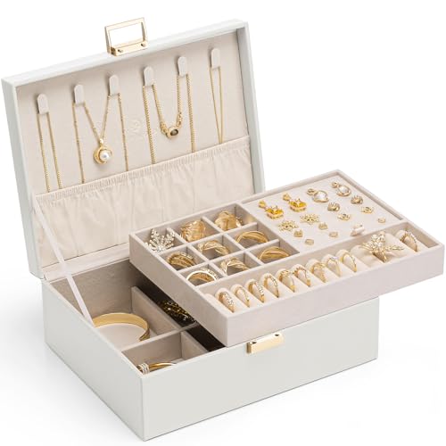VLANDO Jewelry Box for Women, Gift for Women Girls,2 Layer Jewelry Box,Large Jewelry Organizer for Women Removable Jewelery Tray for Necklace Earrings Rings (Cloud White)