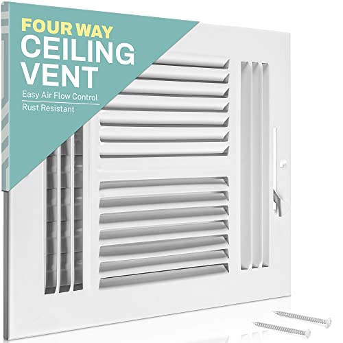 Ceiling Register - Air Vent Covers for Home Ceiling or Wall - 8X8 Inch (Duct Opening) 4-Way White Grille Register Cover with Adjustable Damper for HVAC Heat and Cold Air Conditioner