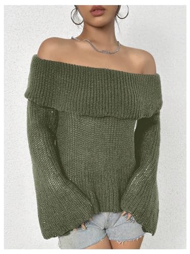 Image of MakeMeChic Women's Y2K Off The Shoulder Sweater Bell Sleeve Tops Fall Pullover Sweaters Lightweight Green Large