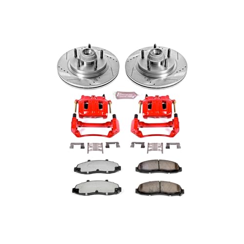 Image of PowerStop Front Brake & Caliper Kit for Ford F-150 2000-03 |F-150 Heritage 2004 |Lincoln Blackwood 2002 - Drilled & Slotted Disc Rotors + Z36 Brake Pads + Red-Powder Coated Calipers, KC1914A-36