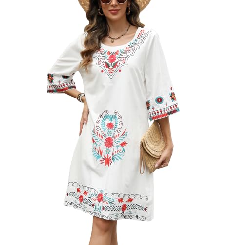 Image of Higustar Mexican Embroidered Dress Summer Cotton Bohemian Flower Peasant Traditional Mexico Fiesta Boho Dresses for Women