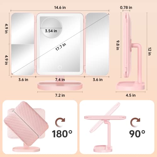 Gospire Trifold Makeup Mirror With Lights And Magnification 10X/5X/3X/1X, 74 Led Lights Lighted Magnifying Mirror With 3 Light Colors & Adjustable Brightness, Led Vanity Mirror For Women - Pink #TOP5