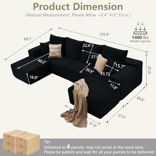 Image of Lakifun 135 inch L-Shape Sofa with Ottoman, Modern Modular Sectional Comfy U-Shape Cloud Couch, Deep Seat, Upholstered Corduroy Sleeper Chaise Longue for Living Room Bedroom, No Assembly Required, Black