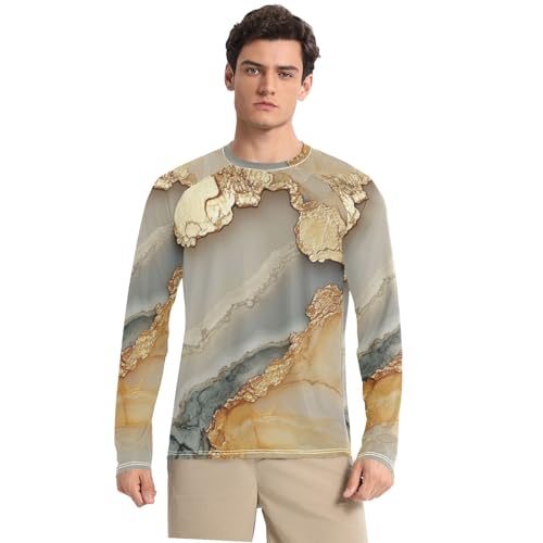 Marble Beige Yellow UPF 50+ Sun Shirts for Men Loose Crew Neck Round Neck UV Protective Clothing Water Fishing