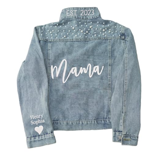 LULLBABYMALL Custom Mama Denim Jacket With Pearls, Embroidered Jacket For, Mama EST Denim Jacket Pearls, Custom Kids Names On Sleeve, Embroidered Denim Jacket3