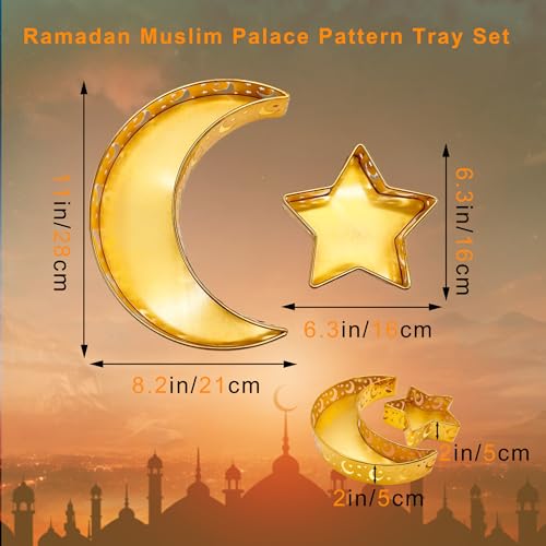 LANZODA 2pcs Ramadan Tray Ramadan Decorations for Home Moon Star Shaped Trays Eid Mubarak Moon Serving Trays Muslim Food Serving Tray Iron Islam Party Dessert Pastry Display Holder (Moon Star Gold) by LANZODA - Image 4
