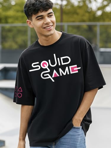 Image of Bewakoof X Squid Game Men's Cotton Graphic Print Oversized Fit Half Sleeve Round Neck T-Shirt | Casual Wear | Street Wear | Oversized t Shirt for Men Cotton | Baggy