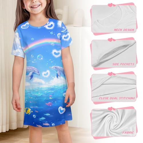 Girls Short Sleeve Swing Dresses Kids Cute Midi Skater Soft Summer Tshirt Dress with Pockets,3-14Y4