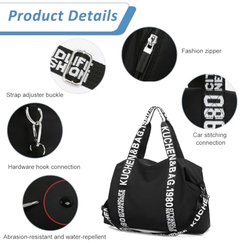 Image of PALAY Travel Bag Black Oxford Cloth Gym Bag Waterproof Letter Print Strap Crossbody Bags Large Capacity Zip-up Mommy Duffle Bags for Travelling