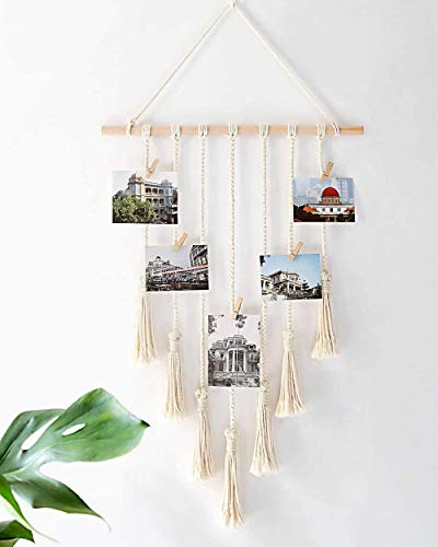 Mkono Hanging Photo Display Macrame Wall Hanging Boho Teen Girl Room Decor Bohemian Pictures Cards Holder For Bedroom Livingroom Dorm Classroom Home, Christmas Gift, With 25 Wood Clips, 27"L X 16.5''W #TOP4