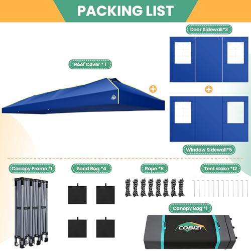 Image of COBIZI 10x30 Pop Up Canopy Tent, Wedding Party Tent with 8 Sidewall One Push Setup Glow, 3 Adjustable Height Air Vent Waterproof UPF50+, Wheeled Bag, 4 Sandbag, 8 Stake, Ropes for Commercial, Outdoor