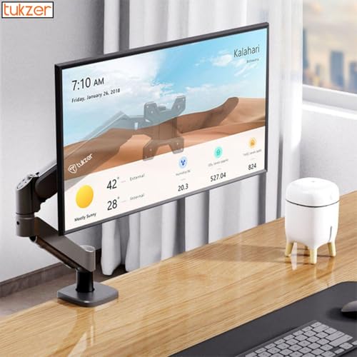 Image of Tukzer Single Gas Spring Monitor Arm, Computer Screen Monitors Stand /Desk Mount (13 inch-32 inch) with C-Clamp & Grommet Mounting Base,Full Motion Tilt /Swivel /Rotation /Aluminium Build,VESA 75x75 & 100x100 mm