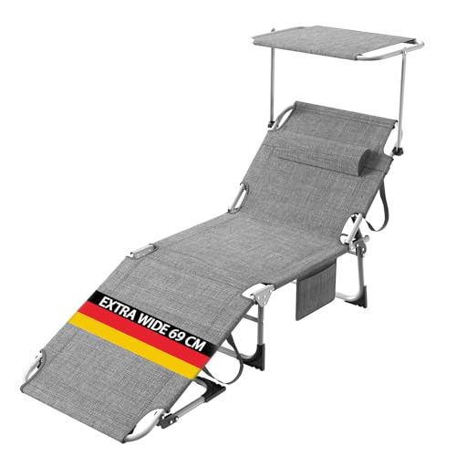 Sonnenliege mit Dach & Kopfkissen, Liegestuhl leicht - Extra Breit - mit Verstellbarer Rückenlehne & Seitentasche, Gartenliege, Strandliege Tragbar für Strand-Garten, Klappbare Sonnenliege, Leinengrau