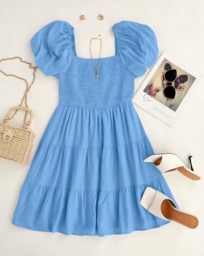 Image of ZESICA Women's Boho 2026 Summer Square Neck Puff Sleeve Off Shoulder Smocked Tiered Casual A Line Short Mini Dress