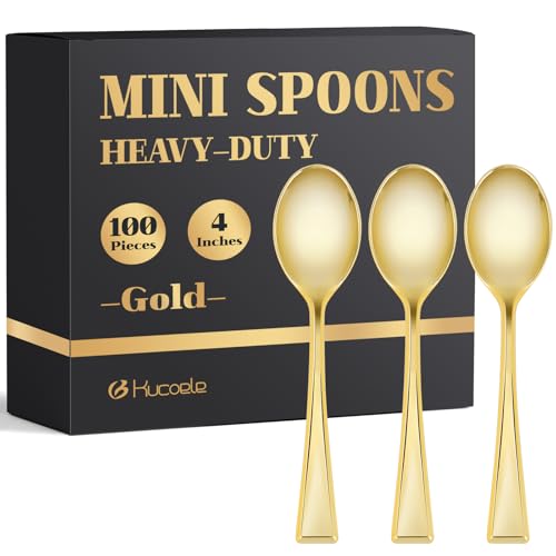 Kucoele 4 Inches Gold Mini Plastic Spoons, 100 Pack Disposable Small Dessert Spoons Heavy Duty Tiny Tasting Spoons for Appetizers, Puddings, Ice Creams