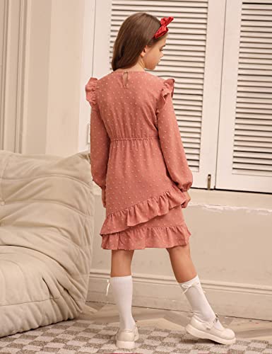 Girls Ruffled Dresses Long Sleeve Swiss Dot Fall Dress A-Line Girls Dresses Orange 7Y #TOP2