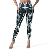 Xmkltbz Soft Stretchy Yoga Pants, Women High Waist Tummy Control Leggings Long Workout Athletic Tights with Pockets (S) Print Reindeer Deer Head on Landscape with Trees and Mountains on Dark