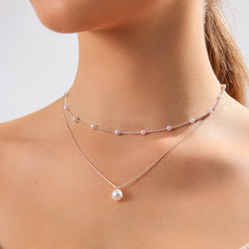 Image of Zeffy Gold Pearl Necklace for Women, Dainty 14K Gold /Silve Plated Layered Pearl Choker Pearl Earrings Pearl Bracelets Wedding Trendy Gold Jewelry Set for Women Gifts