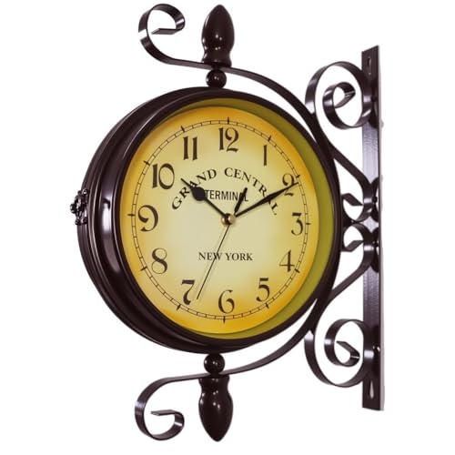 WOOCH Wrought Iron Antique-Look Brown Round Wall Hanging Double Sided Two Faces Retro Station Clock Round Chandelier Clock with Scroll Wall Side Mount Home Décor Wall Clock 8-inch