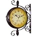 wooch Wrought Iron Antique-Look Brown Round Wall Hanging Double Sided Two Faces Retro Station Clock Round Chandelier Wall Hanging Clock with Scroll Wall Side Mount Home Décor Wall Clock 8-inch
