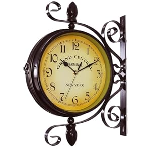 WOOCH Wrought Iron Antique-Look Brown Round Wall Hanging Double Sided Two Faces Retro Station Clock Round Chandelier Clock with Scroll Wall Side Mount Home Décor Wall Clock 8-inch