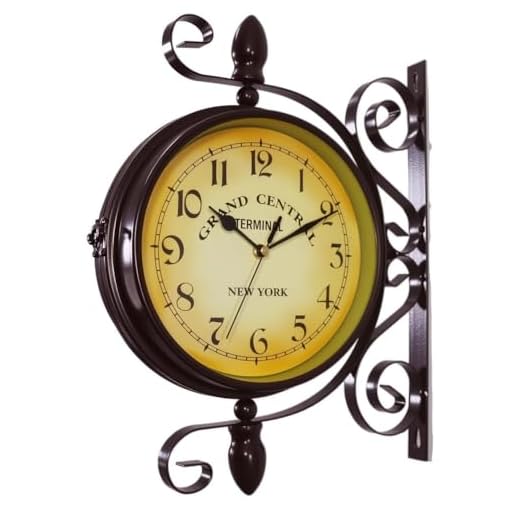 Wrought Iron Antique-Look Brown Round Wall Hanging Double Sided Two Faces Retro Station Clock Round Chandelier Clock with Scroll Wall Side Mount Home Décor Wall Clock 8-inch